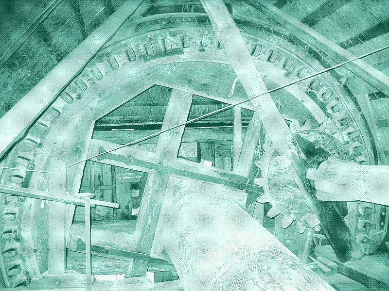 Image: The wooden gearwork of a windmill.