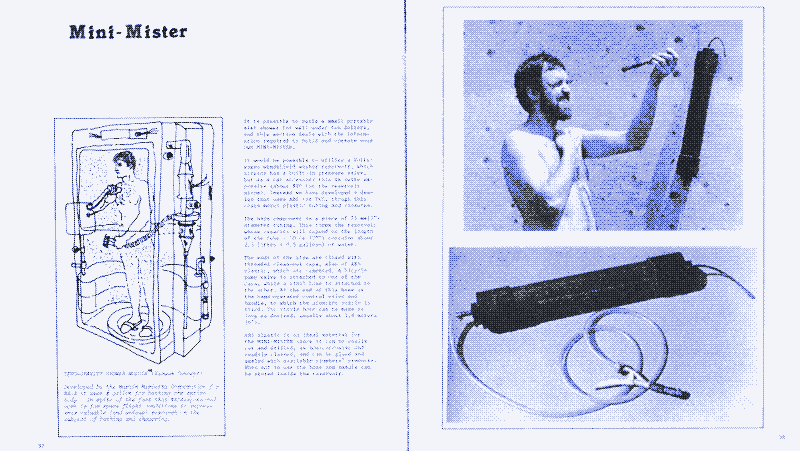 Left: Mist shower developed by NASA. Right: Mist shower developed by the Canadian Minimum Housing Group. Both are from the 1970s. [^7]