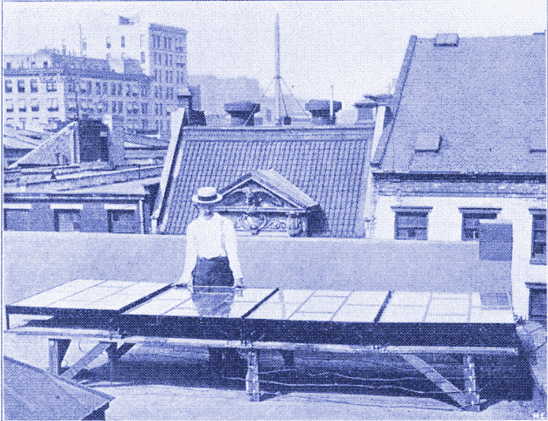 Powyżej: Trzeci panel słoneczny George Cove. Źródło: „Wykorzystywanie światła słonecznego”, René Homer, Modern Electrics, tom. II, nr 6, wrzesień 1909 roku.